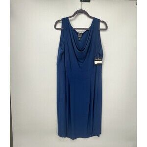 Clara Sun Woo Cowl Neck Drape Dress Size 1X Blue Sleeveless Pleated Stretchy